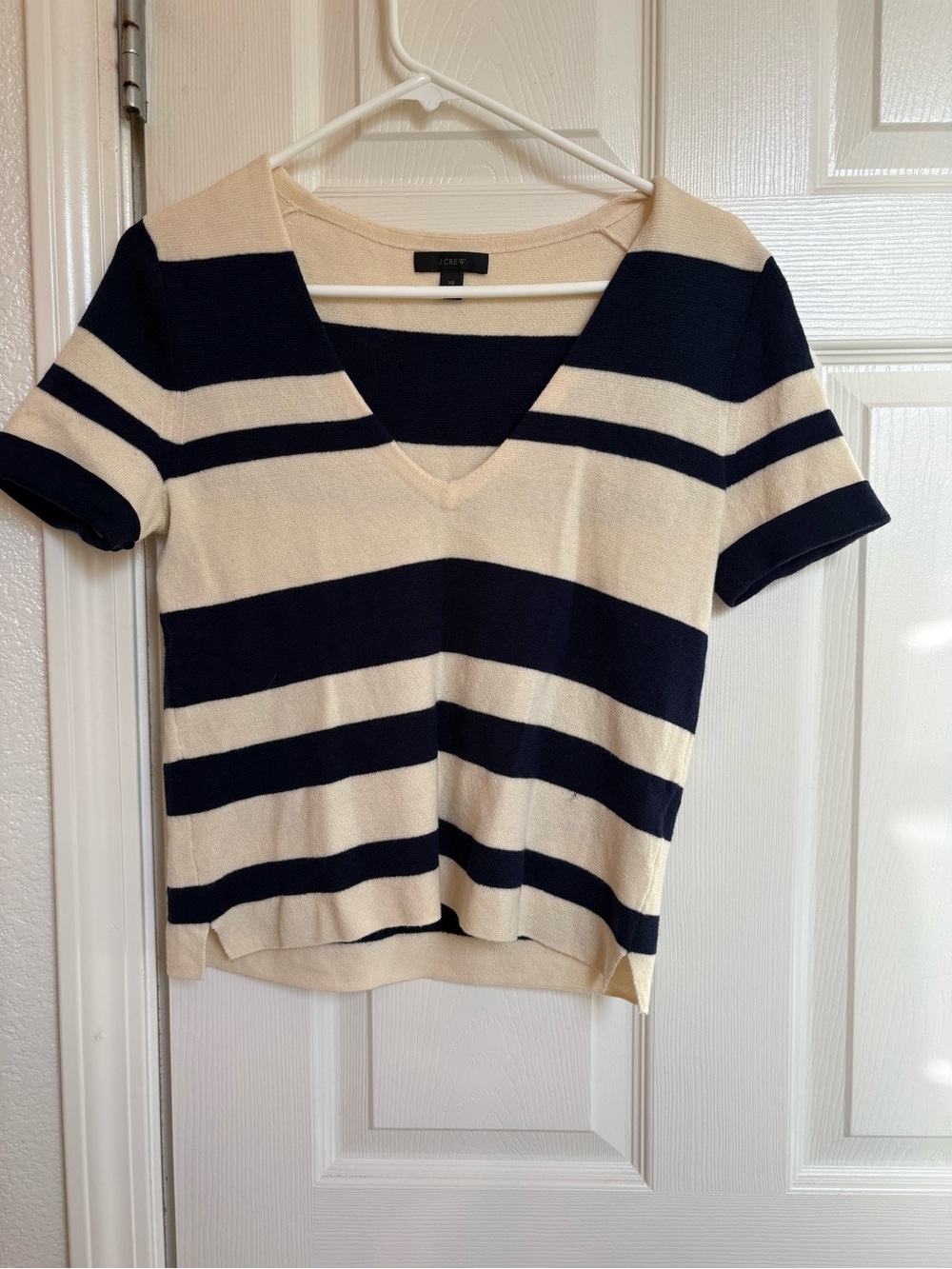 J. Crew Navy and Cream Striped V-Neck Short Sleeve Top